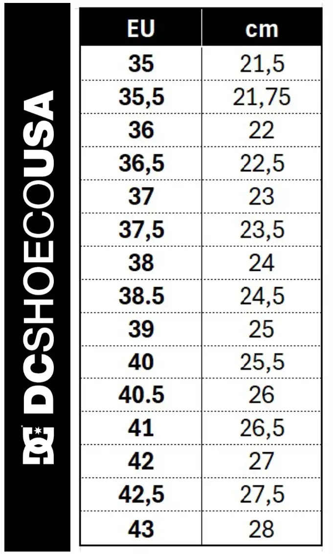 DC Shoes women’s size chart