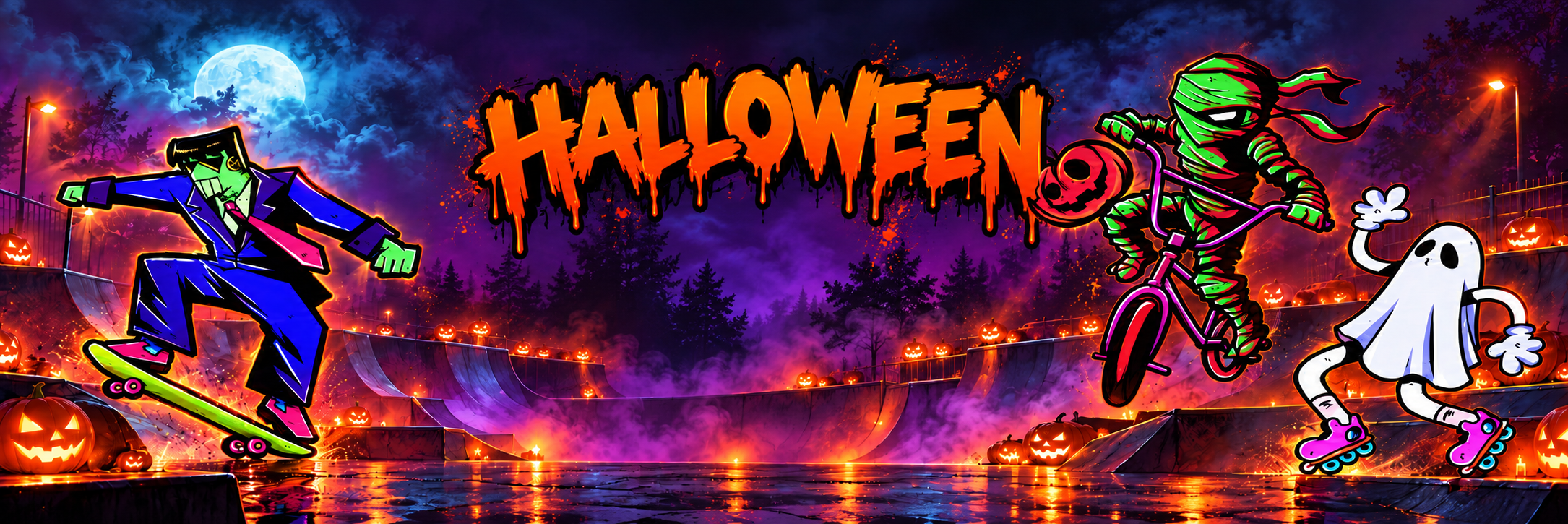 Halloween at the skatepark: a skateboarding monster, a BMX mummy and a ghost on roller skates